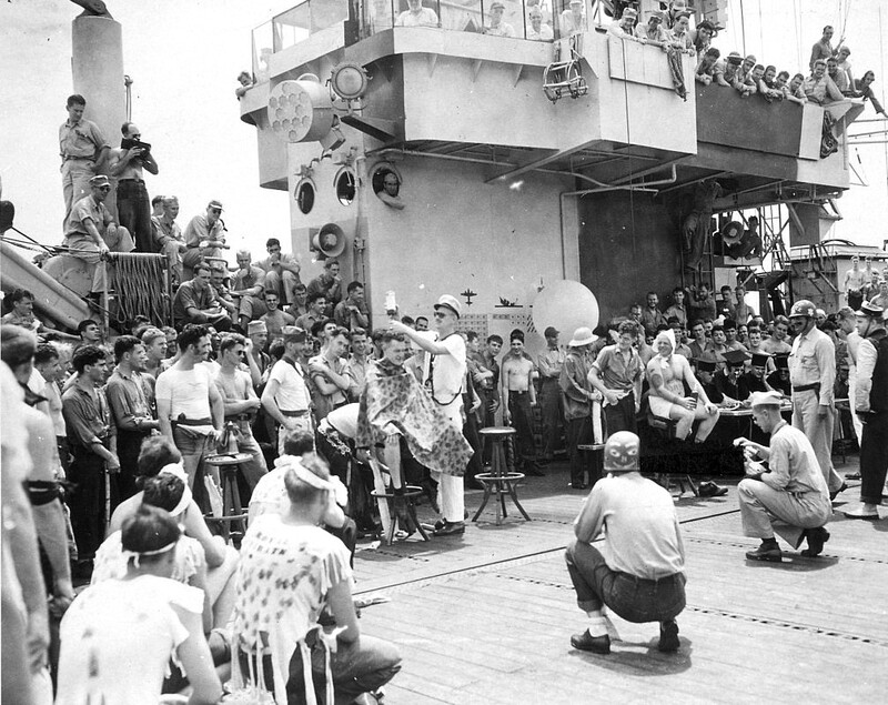 USS Monterey (CVL-26) - N612H.jpg :: USS Monterey (CVL-26), Light Aircraft Carrier, WW II - US NAVY PHOTO: Gerald R. Ford and members of the crew of the USS Monterey (CVL-26) watch the festivities as the ship crosses the equator and other crew members pay homage to King Neptune, 1944. 