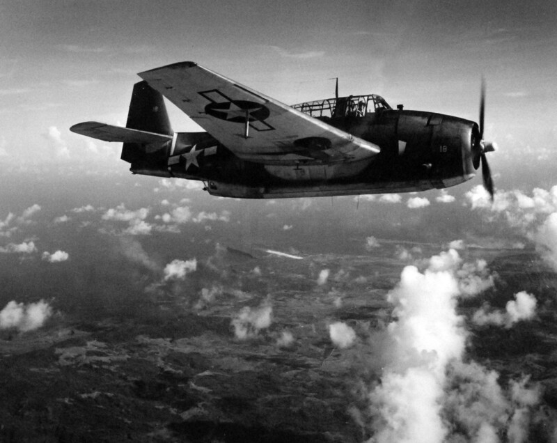 USS Monterey (CVL-26) - N613D.jpg :: USS Monterey (CVL-26), Light Aircraft Carrier, WW II - US NAVY PHOTO: TBM-1C Avenger of VT-28 from USS Monterey (CVL-26) on its way to Guam. Photographed by Lieutenant Victor Jorgensen, Jul 1944.