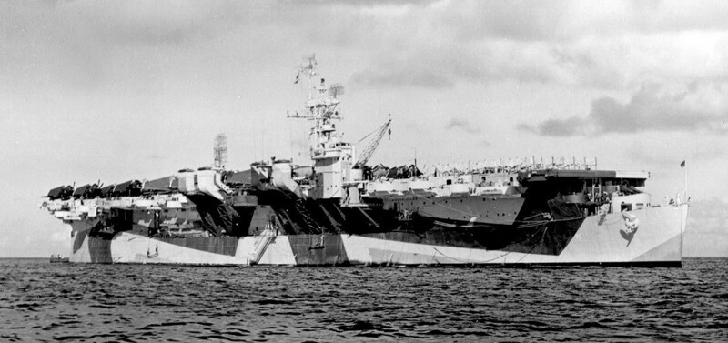USS Monterey (CVL-26) - N613J.jpg :: USS Monterey (CVL-26), Light Aircraft Carrier, WW II - US NAVY PHOTO: USS Monterey (CVL-26) at Eniwetok, 6 Sep 1944, wearing camouflage Measure 33, Design 3D.