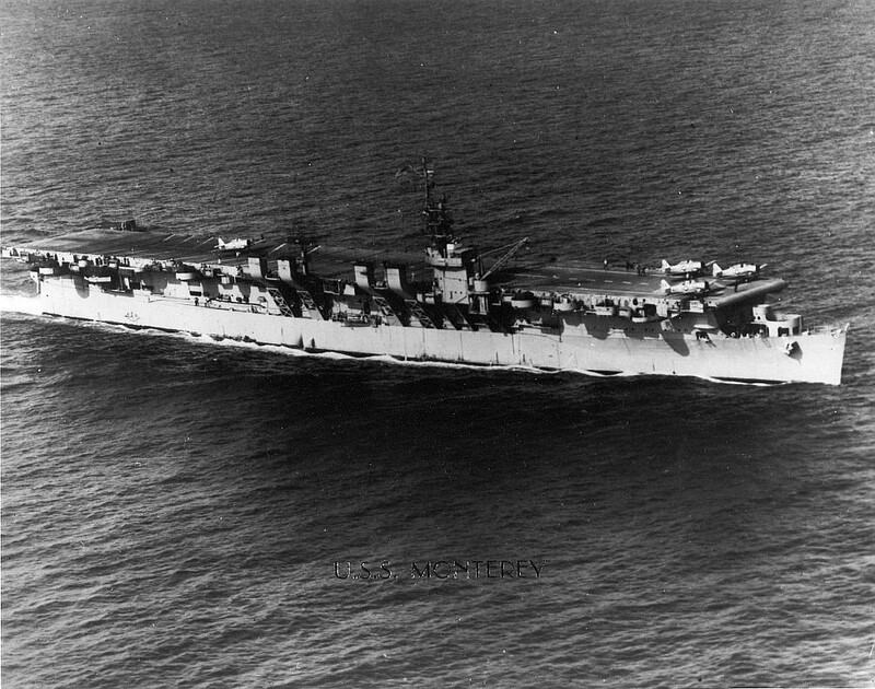 USS Monterey (CVL-26) - N614F.jpg :: USS Monterey (CVL-26), Light Aircraft Carrier, Korean War - US NAVY PHOTO: USS Monterey (CVL 26), 1951. With the outbreak of hostilities in Korea, Monterey was recommissioned on 15 Sep 1950 and proceeded to Pensacola, Fla., where she operated for the next four years under the Naval Training Command. Note SNJ training aircraft on deck.