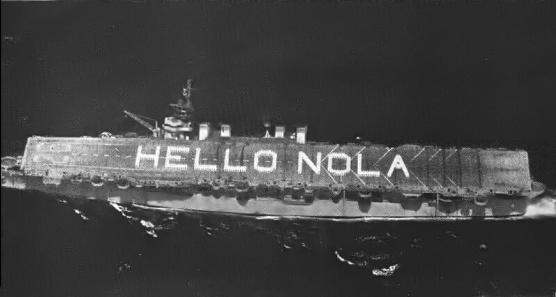 USS Monterey (CVL-26) - N614H.jpg :: USS Monterey (CVL-26), Light Aircraft Carrier, Korean War - US NAVY PHOTO: 700 men of USS Monterey (CVL-26) spell out a welcome to New Orleans, La., 1951.
