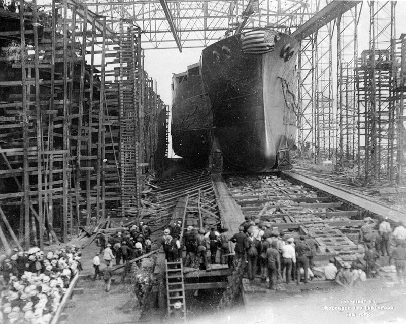 USS Nevada (BB-36) - N3058E.jpg :: USS Nevada (BB-36), Battleship, WW I - US NAVY PHOTO: USS Nevada (BB-36) starts her slide to the sea after launching on 11 Jul 1914.
