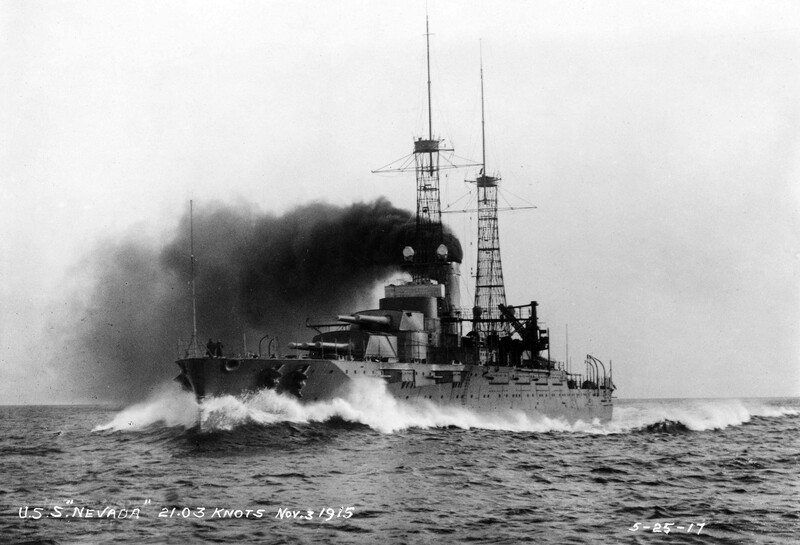 USS Nevada (BB-36) - N3058G.jpg :: USS Nevada (BB-36), Battleship, WW I - US NAVY PHOTO: USS Nevada (BB-36) underway on preliminary trial at 21.03 knots during standardization course at Rockland, ME, 3 Nov 1915.