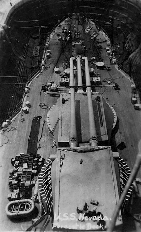 USS Nevada (BB-36) - N3058J.jpg :: USS Nevada (BB-36), Battleship, WW I - US NAVY PHOTO: Forward turrets of the USS Nevada (BB-36), Mar 1916.
