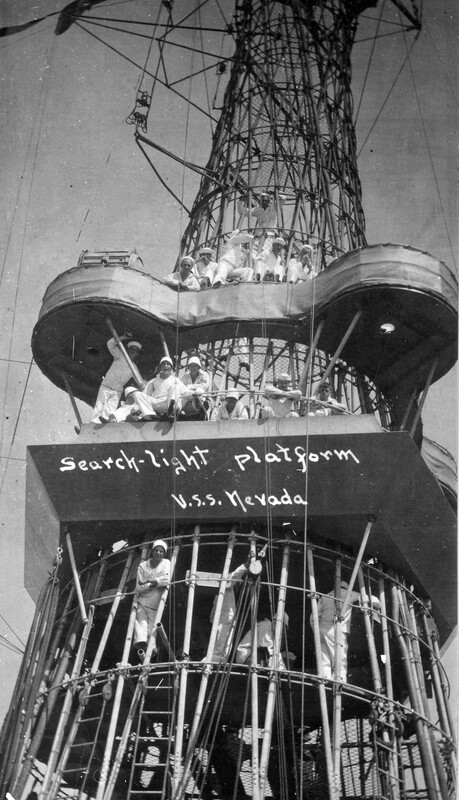 USS Nevada (BB-36) - N3058M.jpg :: USS Nevada (BB-36), Battleship, WW I - US NAVY PHOTO: Searchlight Platform on the USS Nevada (BB-36), 1917-18.
