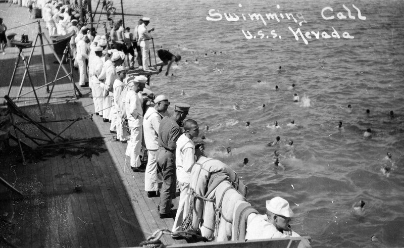USS Nevada (BB-36) - N3059E.jpg :: USS Nevada (BB-36), Battleship, Post-WW I - US NAVY PHOTO: Swimming call, USS Nevada (BB-36) 1917-18.
