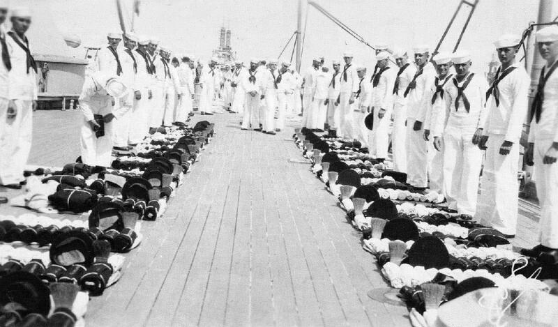 USS Nevada (BB-36) - N3059M.jpg :: USS Nevada (BB-36), Battleship, Post-WW I - US NAVY PHOTO: Sea Bag Inspection, 1925. Another battleship is seen astern of the USS Nevada (BB-36).