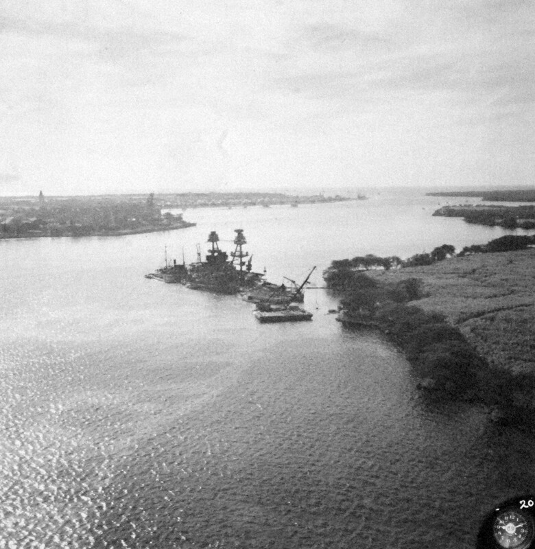 USS Nevada (BB-36) - N3061L.jpg :: USS Nevada (BB-36), Battleship, WW II - US NAVY PHOTO: Start of the salvage and repair of the USS Nevada (BB-36), Pearl Harbor.
