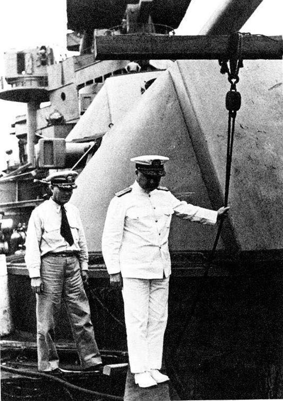 USS Nevada (BB-36) - N3062F.jpg :: USS Nevada (BB-36), Battleship, WW II - US NAVY PHOTO: Commander Harry L. Thompson and Adm. Furlong inspecting damage on USS Nevada (BB-36) shortly after the Pearl Harbor attack. At the time that the photograph was taken, Cdr. Thompson was acting CO of Nevada. I believe that the photograph was probably taken in Feb 1942 after Nevada was drydocked for repairs.