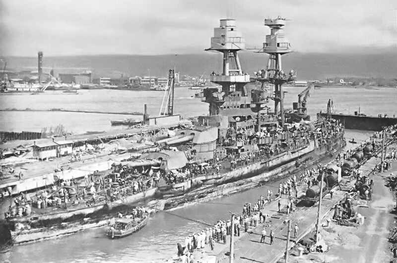 USS Nevada (BB-36) - N3062H.jpg :: USS Nevada (BB-36), Battleship, WW II - US NAVY PHOTO: USS Nevada (BB-36) safe in drydock, 18 Feb 1942.
