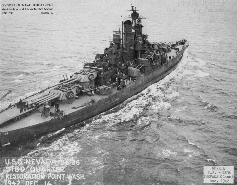 USS Nevada (BB-36) - N3062L.jpg :: USS Nevada (BB-36), Battleship, WW II - US NAVY PHOTO: 14 Dec 1942 photo of the USS Nevada (BB-36) just after post-Pearl Harbor modifications, and before painting into Measure 22 and having the two 40mm quads athwart turret 3 moved up and forward for better arcs of fire.