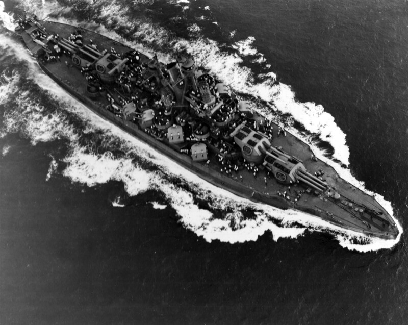 USS Nevada (BB-36) - N3063B.jpg :: USS Nevada (BB-36), Battleship, WW II - US NAVY PHOTO: A view from roughly 600 feet in altitude over the Caribbean Sea the day after departing the Panama Canal on her way to join the Atlantic Fleet, probably around 0930 on 14 Jul 1943, when the USS Nevada (BB-36) reported a PBM patrolling around the formation of ships around Nevada.