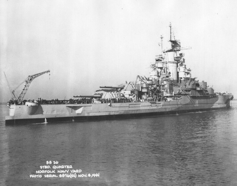USS Nevada (BB-36) - N3063L.jpg :: USS Nevada (BB-36), Battleship, WW II - US NAVY PHOTO: Starboard quarter view of the USS Nevada (BB-36) off Norfolk Navy Yard on 8 Nov 1944.