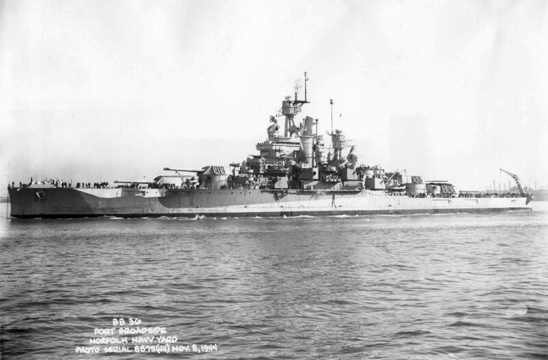 USS Nevada (BB-36) - N3063M.jpg :: USS Nevada (BB-36), Battleship, WW II - US NAVY PHOTO: Port broadside view of the USS Nevada (BB-36) off Norfolk Navy Yard on 8 Nov 1944.