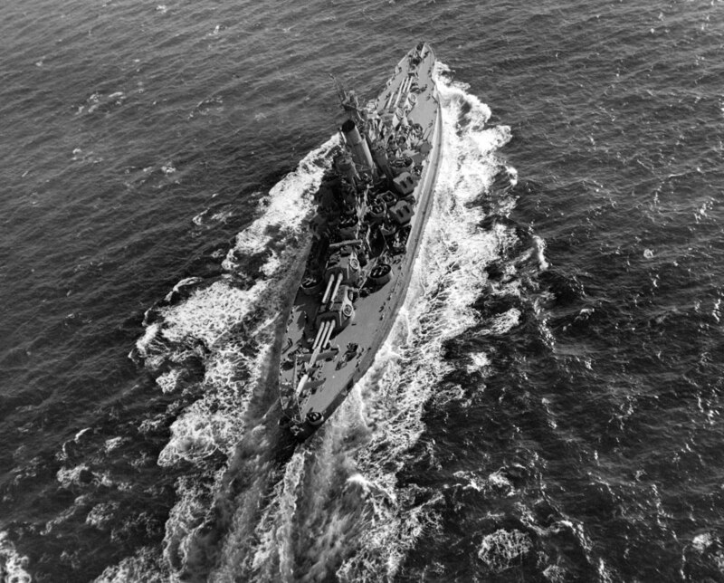 USS Nevada (BB-36) - N3064B.jpg :: USS Nevada (BB-36), Battleship, WW II - US NAVY PHOTO: Task Group 85-12 meets convoy SF-IA off West coast of Corsica to form Task Force 85 Enroute to invasion of Southern France. SGIA on horizon followed by USS Texas (BB-35), USS Nevada (BB-36), French cruisers, SS Montalm and SS Georges Leygues and USS Philadelphia (CL-41). Time 1900; D-1 day, 14 Aug 1944.