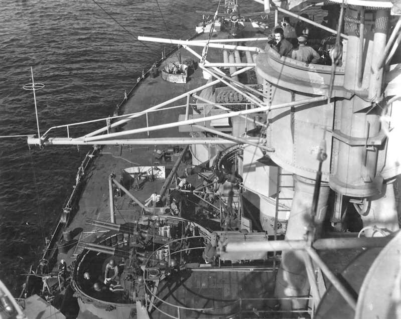 USS Nevada (BB-36) - N3064H.jpg :: USS Nevada (BB-36), Battleship, WW II - US NAVY PHOTO: USS Nevada's (BB-36) starboard side as seen from her forward tripod between 7 and 19 Apr 1945. She was supporting the invasion of Okinawa at this time.