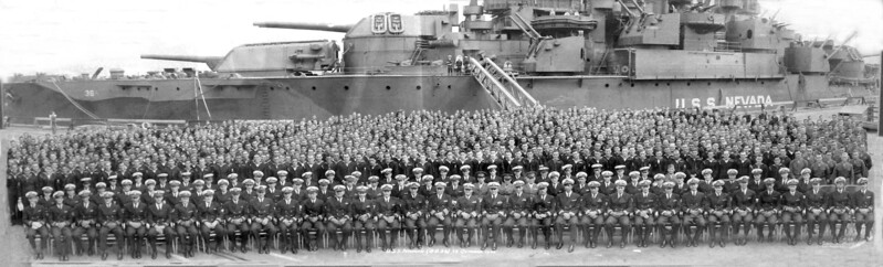 USS Nevada (BB-36) - N3065B.jpg :: USS Nevada (BB-36), Battleship, WW II - US NAVY PHOTO: Crew picture of the USS Nevada (BB-36), 28 Oct 1945 at Pearl Harbor.