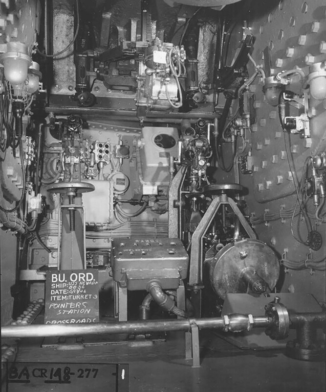 USS Nevada (BB-36) - N3065C.jpg :: USS Nevada (BB-36), Battleship, WW II - US NAVY PHOTO: The USS Nevada (BB-36) pointer's station #3, photographed at Operation Crossroads, 17 May 1946.
