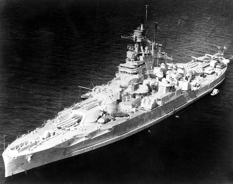 USS Nevada (BB-36) - N3065D.jpg :: USS Nevada (BB-36), Battleship, WW II - US NAVY PHOTO: Ex-USS Nevada (BB-36) anchored after being prepared to take part in the bikini atom bomb tests. She was painted orange-red for these tests, as she was designated as the target vessel.
