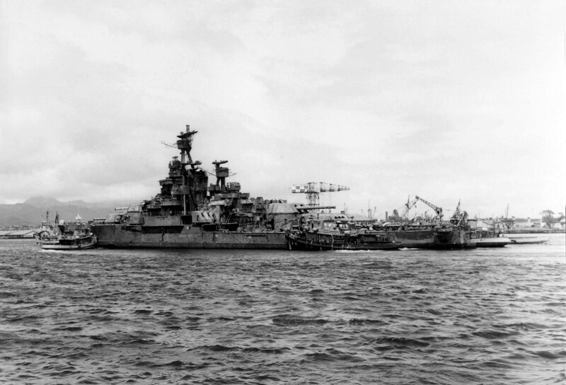 USS Nevada (BB-36) - N3065E.jpg :: USS Nevada (BB-36), Battleship, WW II - US NAVY PHOTO: Ex-USS Nevada (BB-36) in Pearl Harbor, 26 Jun 1947, after the Bikini atomic bomb tests.