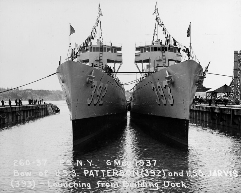 USS Patterson (DD-392) - N4362G.jpg :: USS Patterson (DD-392), Destroyer, Post-WW I - US NAVY PHOTO: USS Patterson (DD-392) and USS Jarvis (DD-393) in the building dock after christening, at Puget Sound Navy Yard, Bremerton, Washington, 6 May 1937.