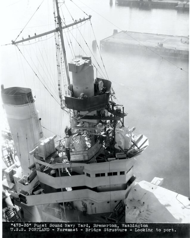 USS Portland (CA-33) - N1743E.jpg :: USS Portland (CA-33), Heavy Cruiser, Post-WW I - US NAVY PHOTO: USS Portland (CA-33) at the Puget Sound Navy Yard during refit, circa Sep-Oct 1933. Note: directors, bridge, and pole topmast.