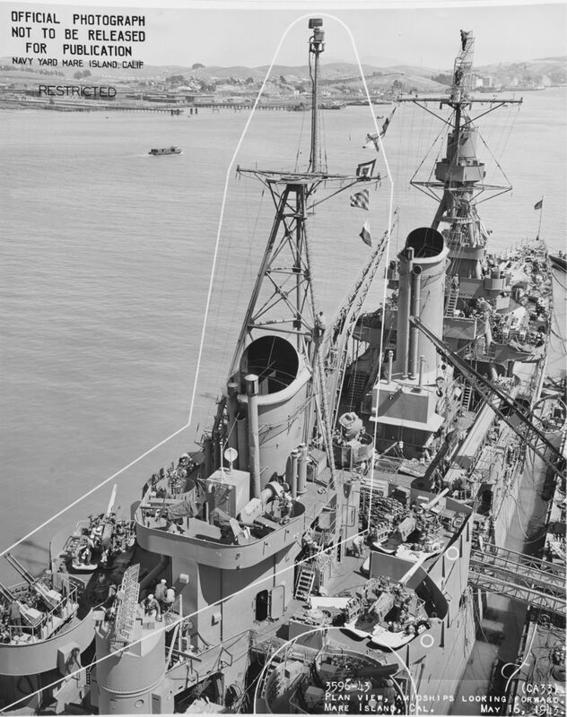 USS Portland (CA-33) - N1743F.jpg :: USS Portland (CA-33), Heavy Cruiser, Post-WW I - US NAVY PHOTO: USS Portland (CA-33) starboard bow, underway, 31 May 1934. Note range clock on forward mast.
