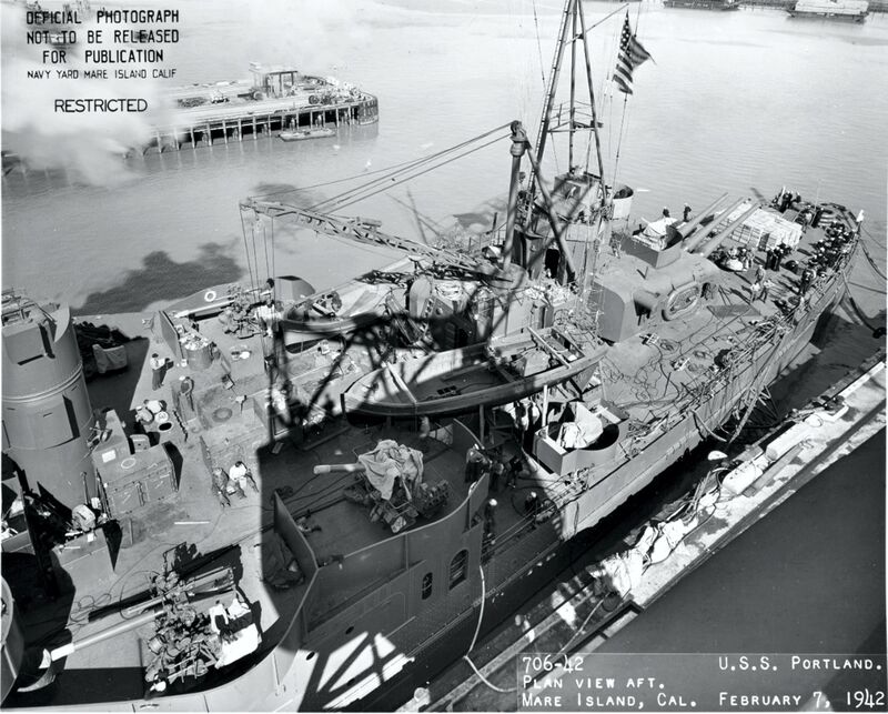 USS Portland (CA-33) - N1743K.jpg :: USS Portland (CA-33), Heavy Cruiser, WW II - US NAVY PHOTO: USS Portland (CA-33) at the Mare Island Navy Yard, 7 Feb 1942. Note: crane, motor launches, 5\