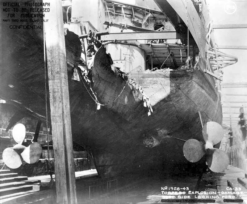 USS Portland (CA-33) - N1744G.jpg :: USS Portland (CA-33), Heavy Cruiser, WW II - US NAVY PHOTO: USS Portland (CA 33) in the Cockatoo Drydock, Sydney, New South Wales, Australia, circa late 1942, while under repair for torpedo damage received in the Naval Battle of Guadalcanal on 13 Nov 1942. Note the missing inboard propellers.