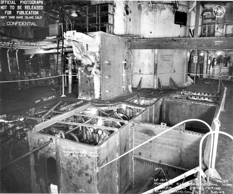 USS Portland (CA-33) - N1744K.jpg :: USS Portland (CA-33), Heavy Cruiser, WW II - US NAVY PHOTO: View of torpedo damage as it appeared upon USS Portland's arrival at Mare Island for repairs on 2 Mar 1943.