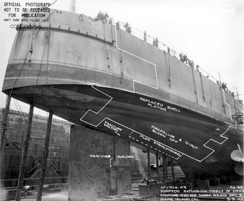 USS Portland (CA-33) - N1744M.jpg :: USS Portland (CA-33), Heavy Cruiser, WW II - US NAVY PHOTO: View of repaired starboard quarter hull of the USS Portland (CA-33) before replacement of struts and propellers, Mare Island.