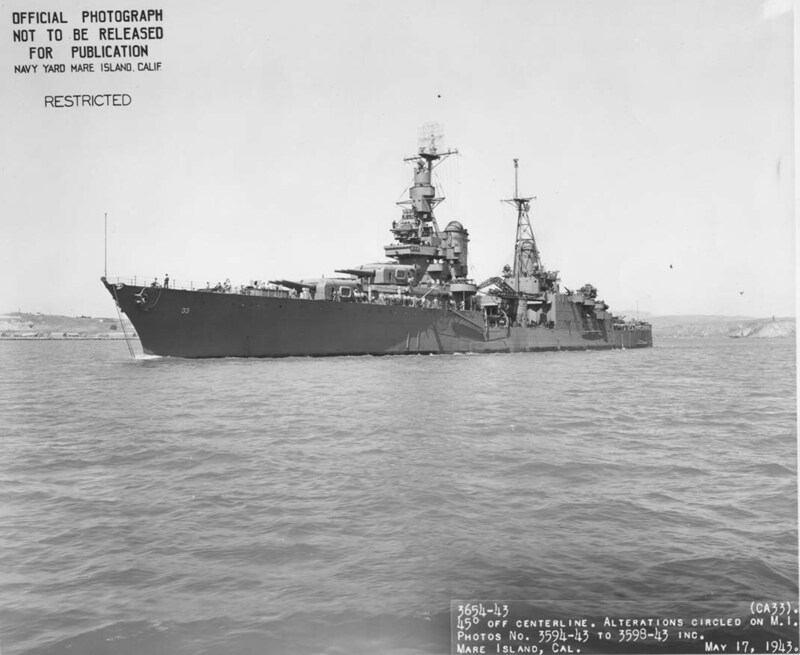 USS Portland (CA-33) - N1747A.jpg :: USS Portland (CA-33), Heavy Cruiser, WW II - US NAVY PHOTO: USS Portland (CA 33) port bow view while underway off Mare Island Navy Yard, 17 May 1943.