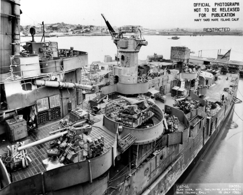 USS Portland (CA-33) - N1747C.jpg :: USS Portland (CA-33), Heavy Cruiser, WW II - US NAVY PHOTO: Amidships looking aft plan view of USS Portland (CA 33) in Mare Island's dry dock #3 on 16 Jul 1944. She was in dock from 29 May until 16 Jul 1944. She was in overhaul at the shipyard from 25 May until 7 Aug 1944.
