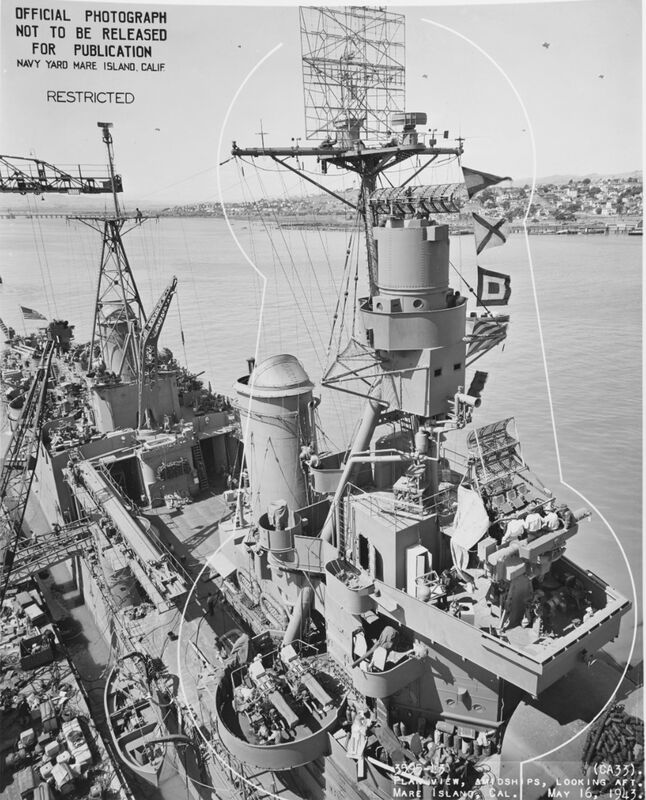 USS Portland (CA-33) - N1747E.jpg :: USS Portland (CA-33), Heavy Cruiser, WW II - US NAVY PHOTO: USS Portland (CA-33) at the Mare Island Navy Yard, 16 May 1943. Circles mark recent alterations. Note: foghorn, gun directors and radars (Mk 3 and 4), signal flags.
