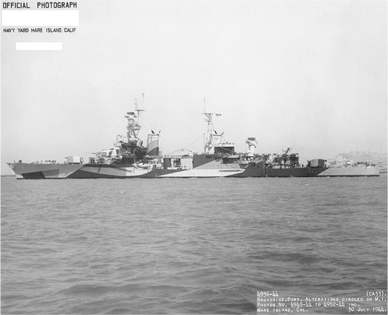 USS Portland (CA-33) - N1747F.jpg :: USS Portland (CA-33), Heavy Cruiser, WW II - US NAVY PHOTO: USS Portland (CA 33) off the Mare Island Navy Yard, California, 30 Jul 1944. Her camouflage is Measure 32, Design 7d.