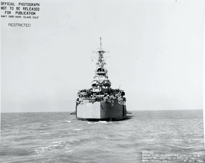 USS Portland (CA-33) - N1747J.jpg :: USS Portland (CA-33), Heavy Cruiser, WW II - US NAVY PHOTO: USS Portland (CA 33) off the Mare Island Navy Yard, California, 30 Jul 1944. Her camouflage is Measure 32, Design 7d.