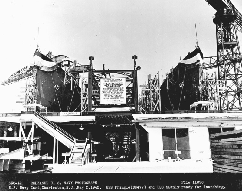 USS Pringle (DD-477) - N4861B.jpg :: USS Pringle (DD-477), Destroyer, WW II - US NAVY PHOTO: The USS Pringle (DD-477) and USS Stanley (DD-478) ready for launching at Charleston, S.C., 2 May 1942. 