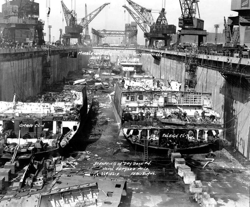 USS Raleigh (CL-7) - N2182C.jpg :: USS Raleigh (CL-7), Light Cruiser, Post-WW II - US NAVY PHOTO: Scrapping of ex-Marblehead (CL 12), ex-Cincinnati (CL 6), ex-Omaha (CL 4), and ex-Raleigh (CL 7). Naval Shipyard Philadelphia, 18 Feb 1946.