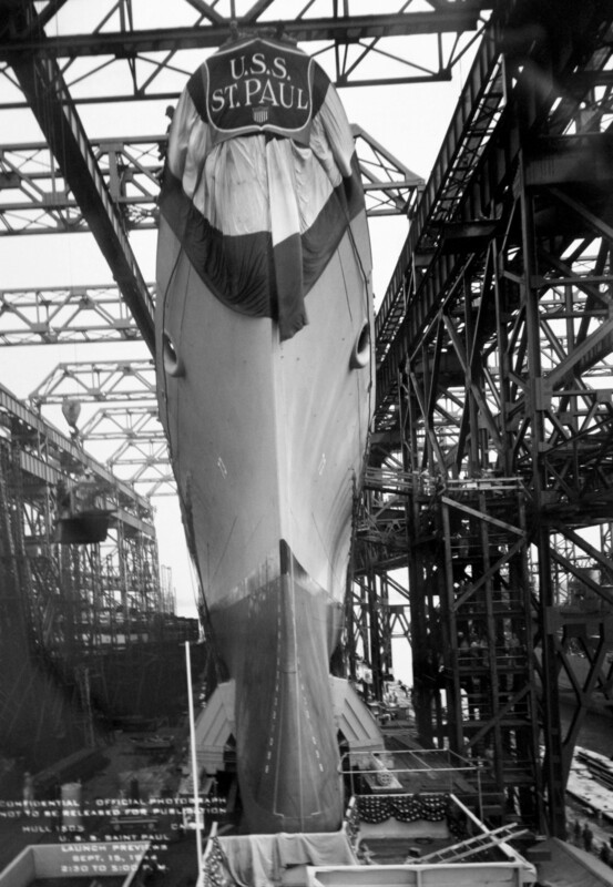 USS Saint Paul (CA-73) - N1911C.jpg :: USS Saint Paul (CA-73), Heavy Cruiser, WW II - US NAVY PHOTO: USS Saint Paul (CA-73) awaiting her launch, 16 Sep 1944.
