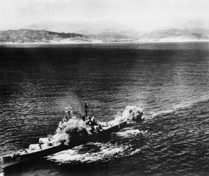 USS Saint Paul (CA-73) - N1911H.jpg :: USS Saint Paul (CA-73), Heavy Cruiser, WW II - US NAVY PHOTO: All 3 turrets firing across the USS St. Paul (CA-73) port quarter, probably off of Korea, date unknown.