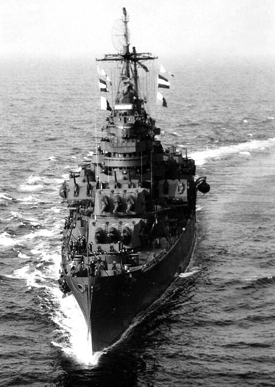 USS Saint Paul (CA-73) - N1911M.jpg :: USS Saint Paul (CA-73), Heavy Cruiser, WW II - US NAVY PHOTO: This photo of the USS Saint Paul (CA-73) is dated 15 Mar 1945 and the location as Massachusetts Bay, taken from a height of 175 ft.