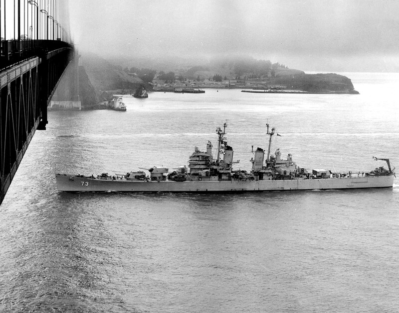 USS Saint Paul (CA-73) - N1912K.jpg :: USS Saint Paul (CA-73), Heavy Cruiser, Korean War - US NAVY PHOTO: USS Saint Paul (CA-73) passing under the Golden Gate Bridge, USN photo, received Sep 1951.