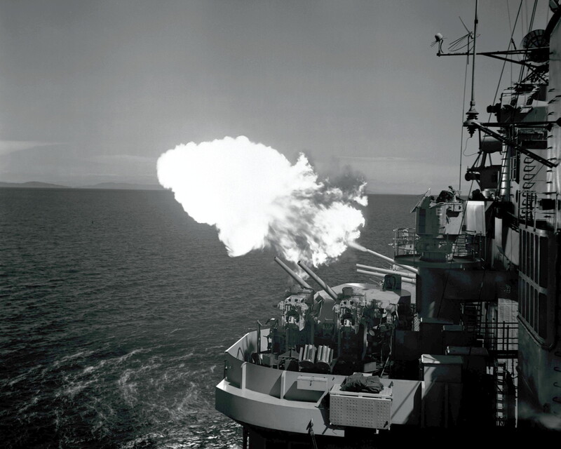 USS Saint Paul (CA-73) - N1913C.jpg :: USS Saint Paul (CA-73), Heavy Cruiser, Korean War - US NAVY PHOTO: USS Saint Paul (CA-73) near Wonsan, Korea, on 27 Jul 1953, just before signing of the truce at Panmunjon. A 12.7 cm (5 in) shell is fired from ship against North Korean shore batteries. This round is believed to have been the last fired on enemy positions by UN Naval units before the armistice.