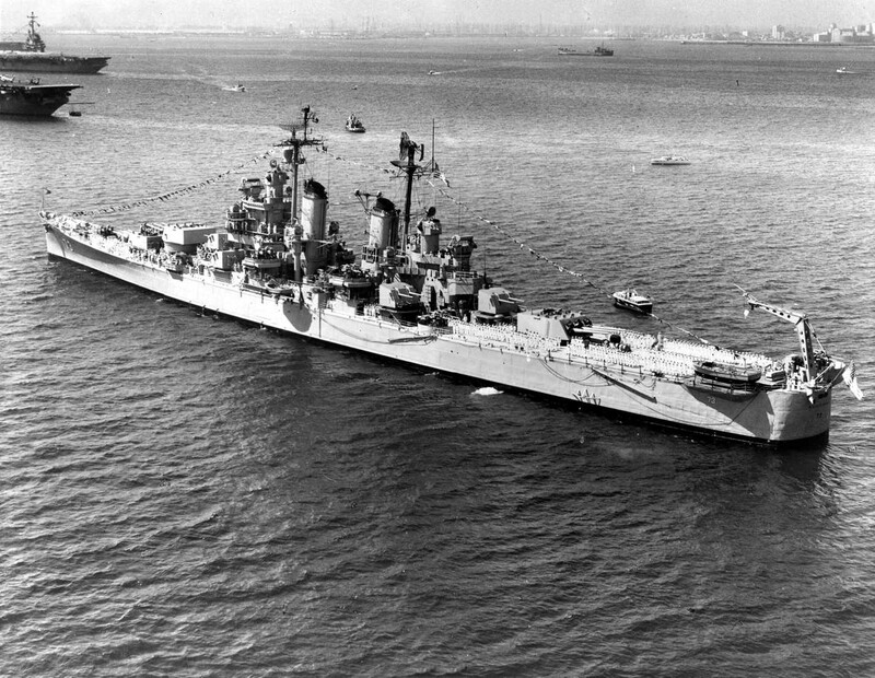 USS Saint Paul (CA-73) - N1913E.jpg :: USS Saint Paul (CA-73), Heavy Cruiser, Vietnam War - US NAVY PHOTO: USS Saint Paul (CA-73) port quarter view while participating in the First Fleet Review, Long Beach Harbor, 14 Sep 1956. The identifiable carrier in the background is USS Bennington (CVA-20).