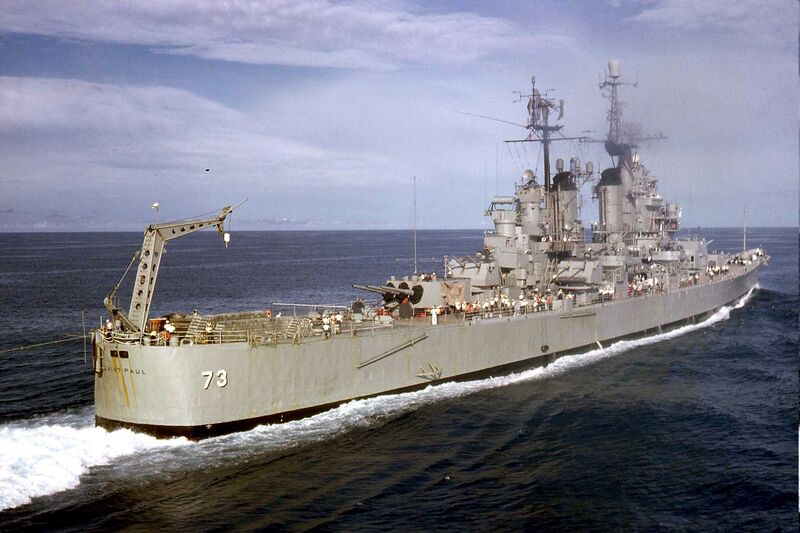 USS Saint Paul (CA-73) - N1914D.jpg :: USS Saint Paul (CA-73), Heavy Cruiser, Vietnam War - US NAVY PHOTO: USS Saint Paul (CA-73) starboard quarter view, Vietnam 1966. Note the 5\