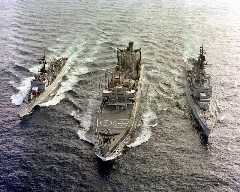 USS Sample (DE-1048) - N27022D.jpg :: USS Sample (DE-1048), Destroyer Escort, Vietnam War - US NAVY PHOTO: 1 Jun 1980: At sea - An aerial bow view of the oiler USS Mispillion (AO-105), center, providing underway replenishment to the guided missile cruiser USS Leahy (CG-16), right, and the USS Sample (FF-1048).