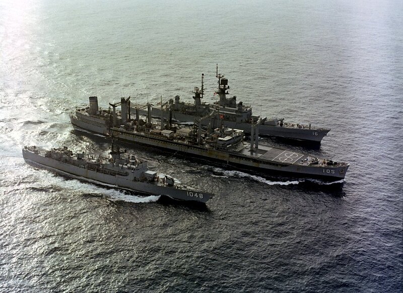 USS Sample (DE-1048) - N27022E.jpg :: USS Sample (DE-1048), Destroyer Escort, Vietnam War - US NAVY PHOTO: 1 Jun 1980: At sea - An aerial starboard view of, from front to back: USS Sample (FF-1048), the oiler USS Mispillion (AO-105) and the guided missile cruiser USS Leahy (CG-16) underway.