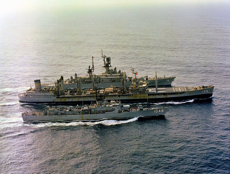 USS Sample (DE-1048) - N27022F.jpg :: USS Sample (DE-1048), Destroyer Escort, Vietnam War - US NAVY PHOTO: 1 Jun 1980: At sea - An aerial starboard view of, from front to back: USS Sample (FF-1048), the oiler USS Mispillion (AO-105) and the guided missile cruiser USS Leahy (CG-16) underway.