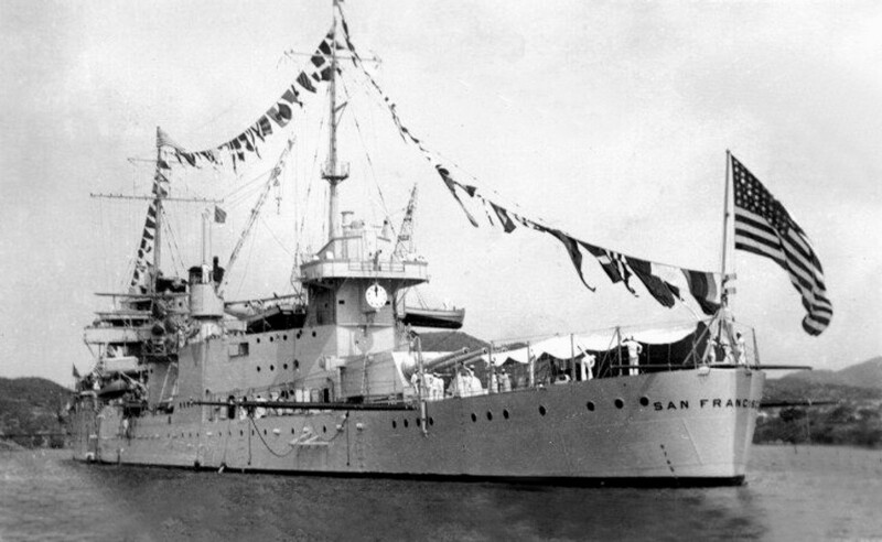 USS San Francisco (CA-38) - N1803H.jpg :: USS San Francisco (CA-38), Heavy Cruiser, Post-WW I - US NAVY PHOTO: Port quarter view of the USS San Francisco (CA-38) while at anchor in the Bay of Acapulco, Mexico, 8 May 1934.