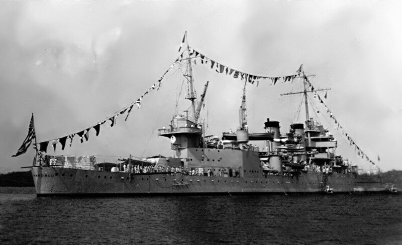 USS San Francisco (CA-38) - N1803J.jpg :: USS San Francisco (CA-38), Heavy Cruiser, Post-WW I - US NAVY PHOTO: Starboard quarter view of the USS San Francisco (CA-38) while at anchor in the Bay of Acapulco, Mexico, 8 May 1934. 